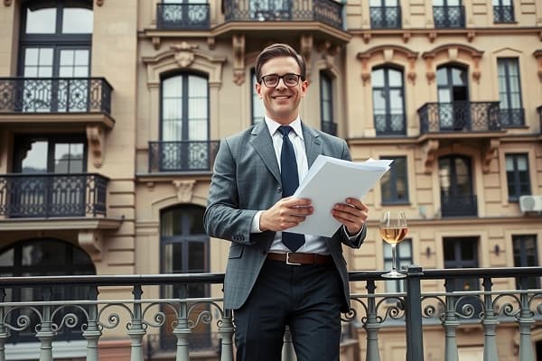 Man standing by luxury waterfront property with document