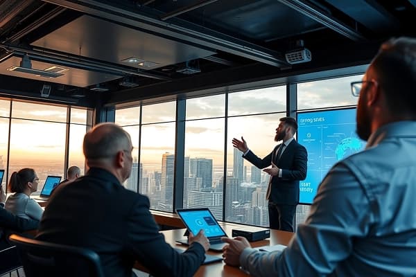 Man in suit sitting at desk reviewing documents