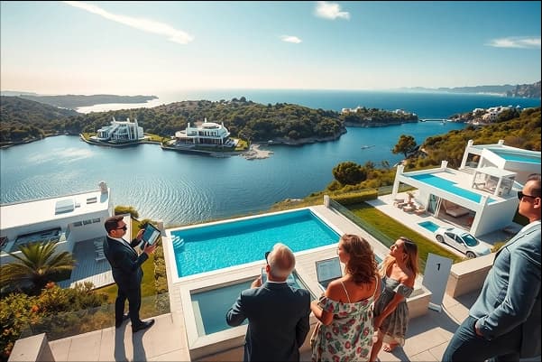Man standing by luxury waterfront property with document