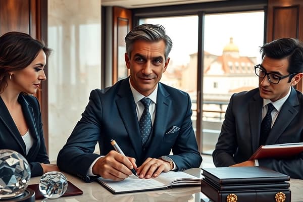 Man standing by luxury waterfront property with document