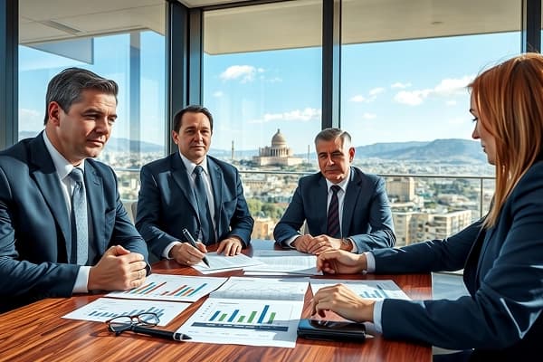 Man in suit sitting at desk reviewing documents