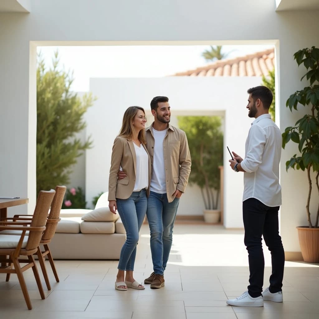 Man standing by luxury waterfront property with document